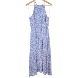 Lush Pale Blue Floral Patterned High Neck Halter style Lined Sundress sz L